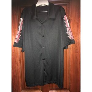 Vintage Studio YMLA Shirt Mens Large Black Button Up 100%-Polyester Flames USA